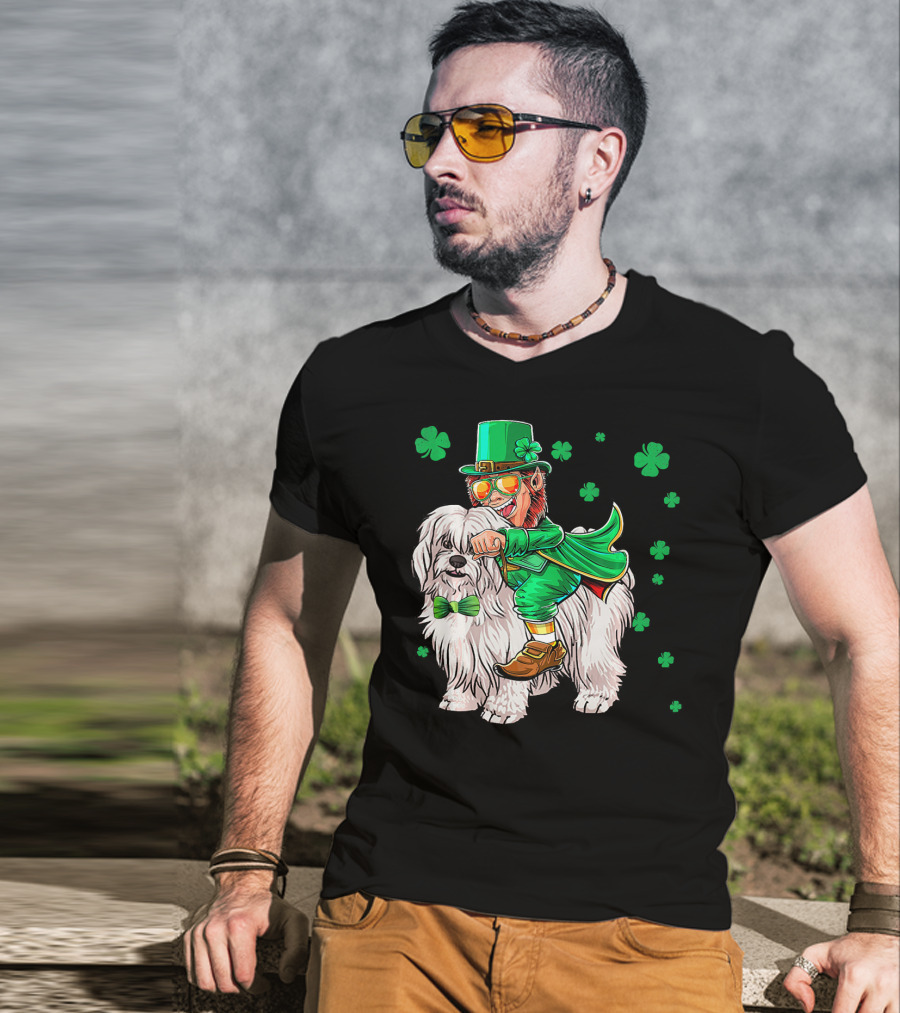 Leprechaun Riding Coton De Tulear With Shamrocks T-Shirt