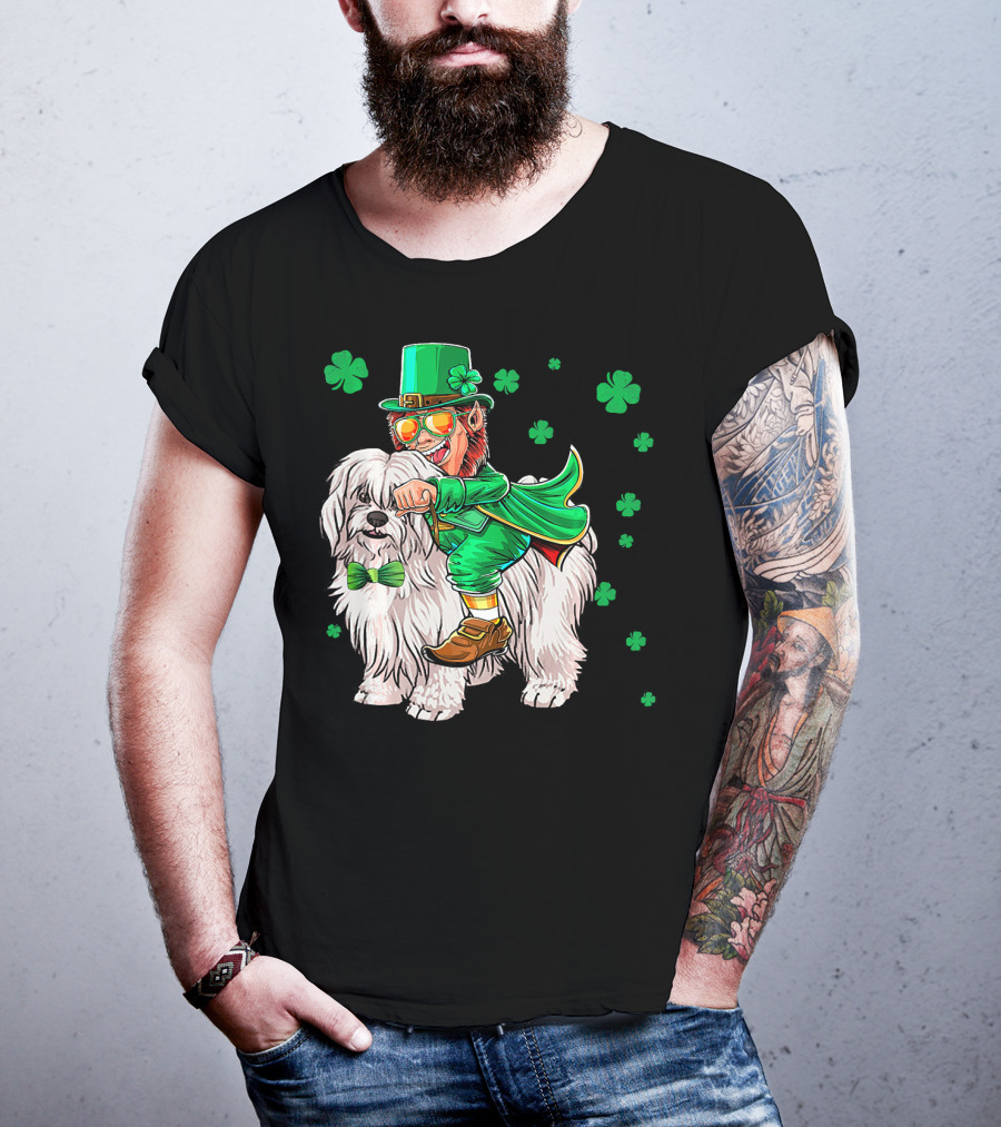 Leprechaun Riding Coton De Tulear With Shamrocks T-Shirt