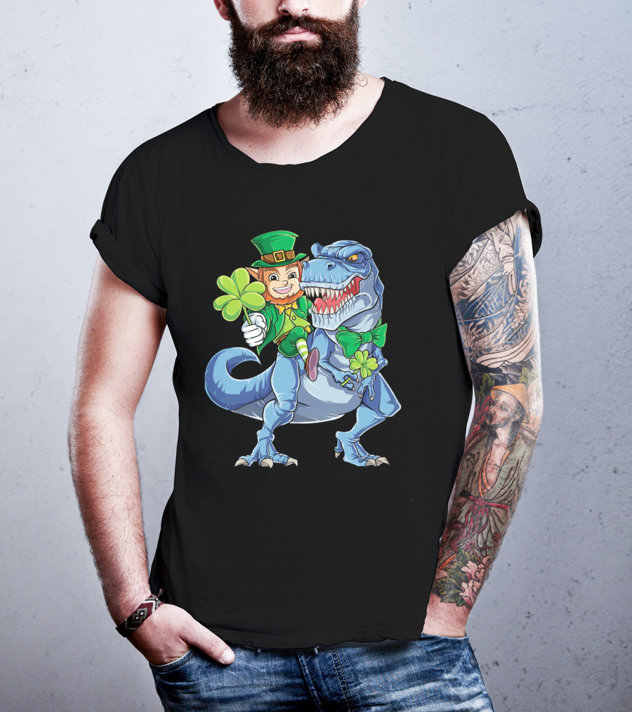 St Patricks Day Leprechaun Riding Dinosaur With Shamrock T-Shirt