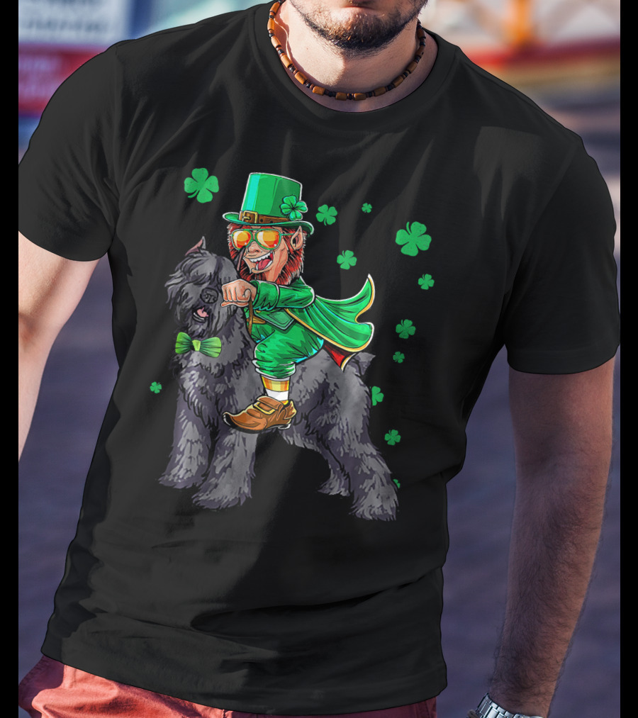 Leprechaun Riding Bouvier Des Flandres Surrounded By Shamrocks T-Shirt