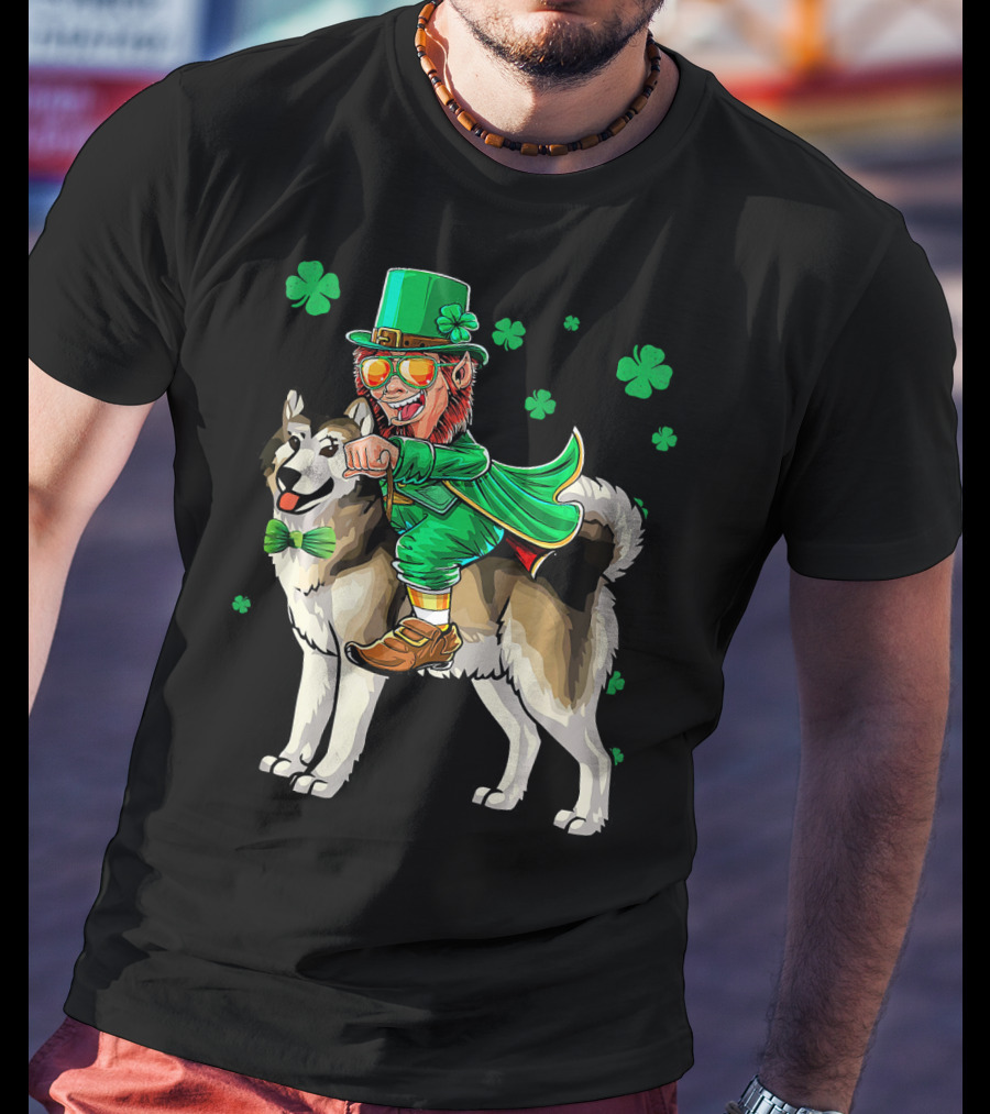 Leprechaun Riding Alaskan Malamute With Shamrocks T-Shirt