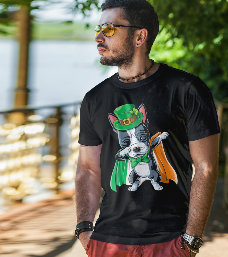 Dabbing Boston Terrier St. Patrick's Day Irish Flag Cape T-Shirt