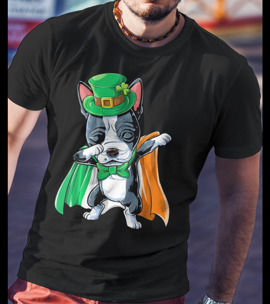 Dabbing Boston Terrier St. Patrick's Day Irish Flag Cape T-Shirt