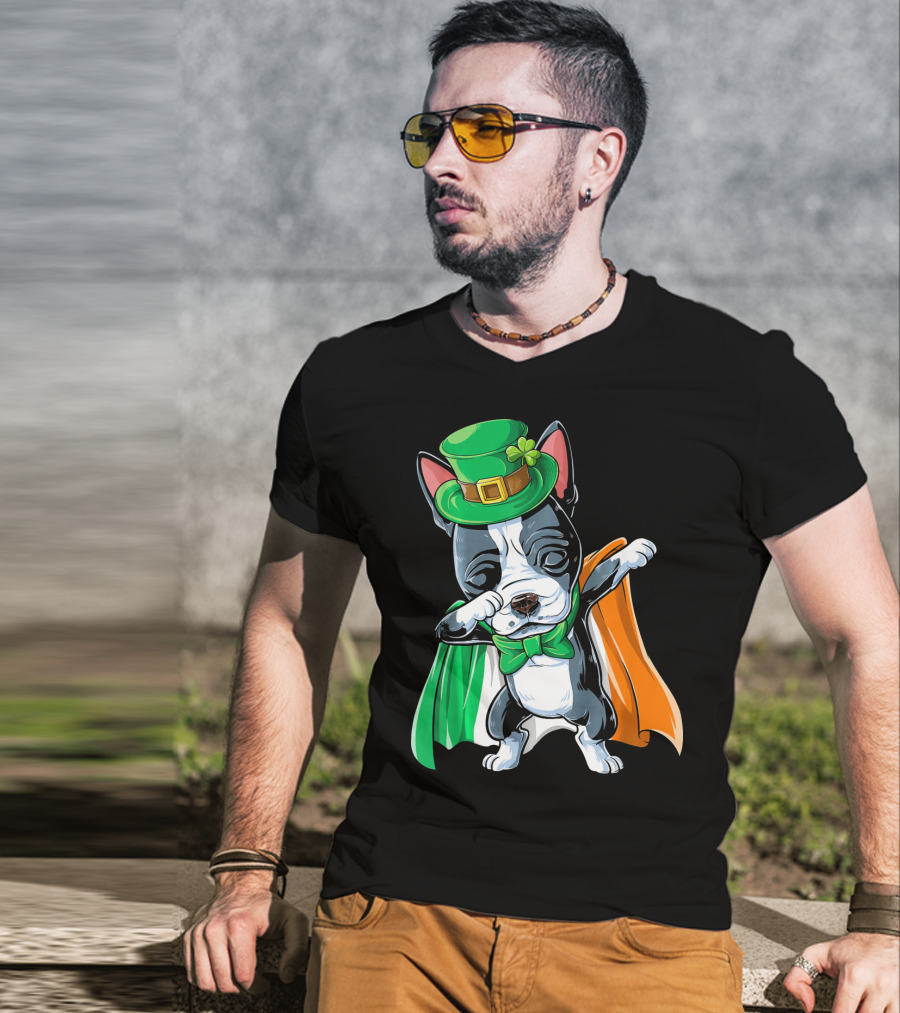 Dabbing Boston Terrier St. Patrick's Day Irish Flag Cape T-Shirt