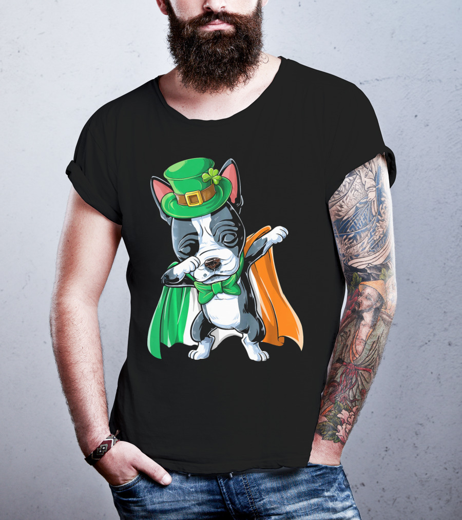 Dabbing Boston Terrier St. Patrick's Day Irish Flag Cape T-Shirt