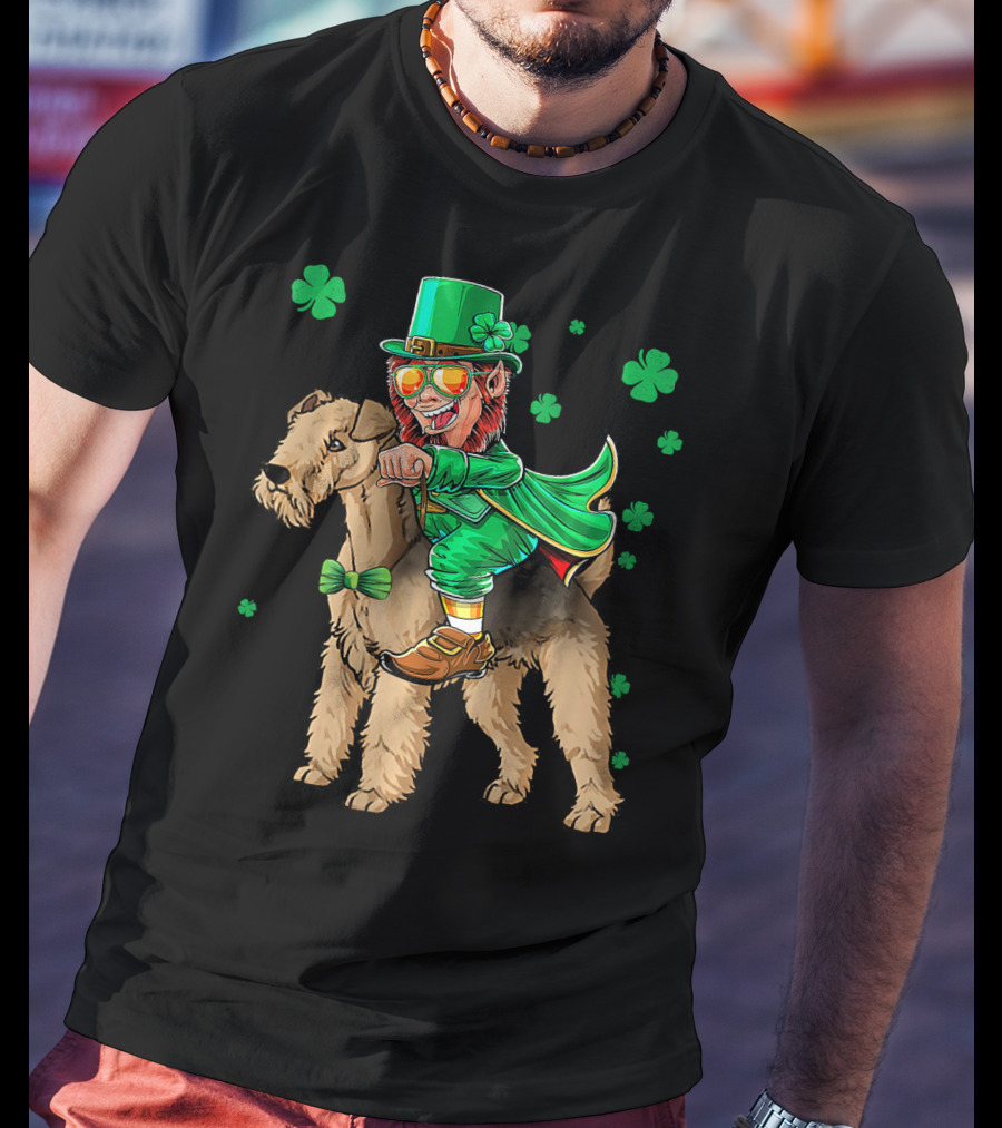 Leprechaun Lakeland Terrier Shamrock Celebration With Green Hat And Bow Tie T-Shirt