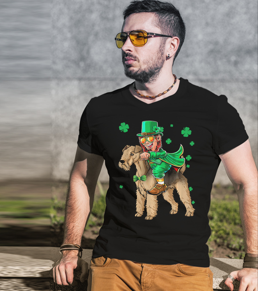 Leprechaun Lakeland Terrier Shamrock Celebration With Green Hat And Bow Tie T-Shirt