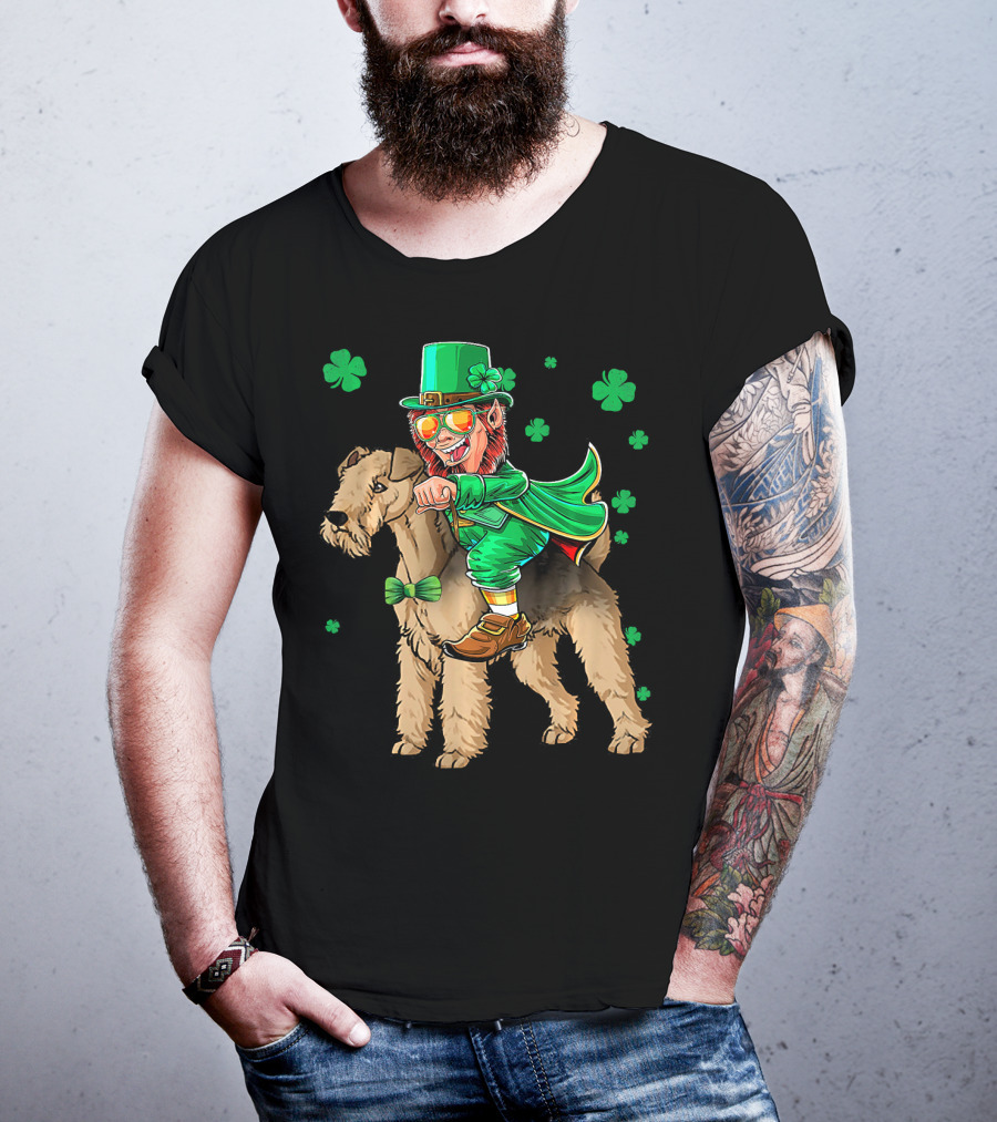 Leprechaun Lakeland Terrier Shamrock Celebration With Green Hat And Bow Tie T-Shirt