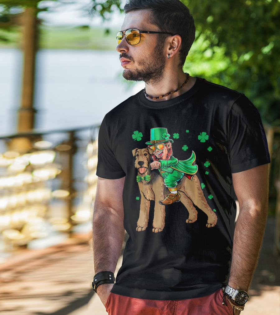 Leprechaun Riding Airedale Terrier With Shamrocks T-Shirt