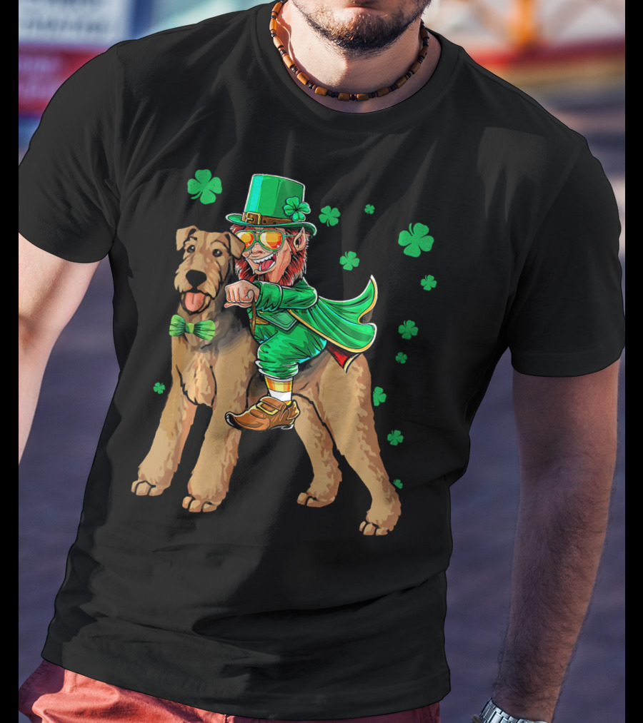 Leprechaun Riding Airedale Terrier With Shamrocks T-Shirt