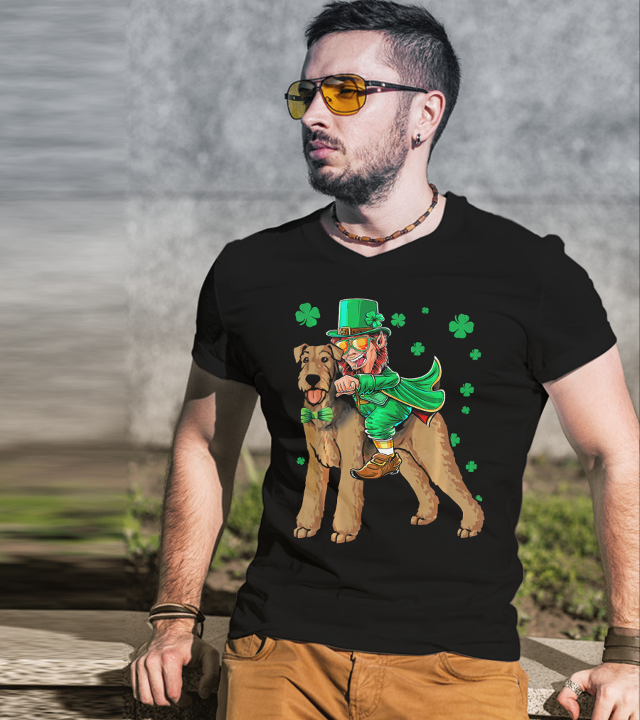 Leprechaun Riding Airedale Terrier With Shamrocks T-Shirt