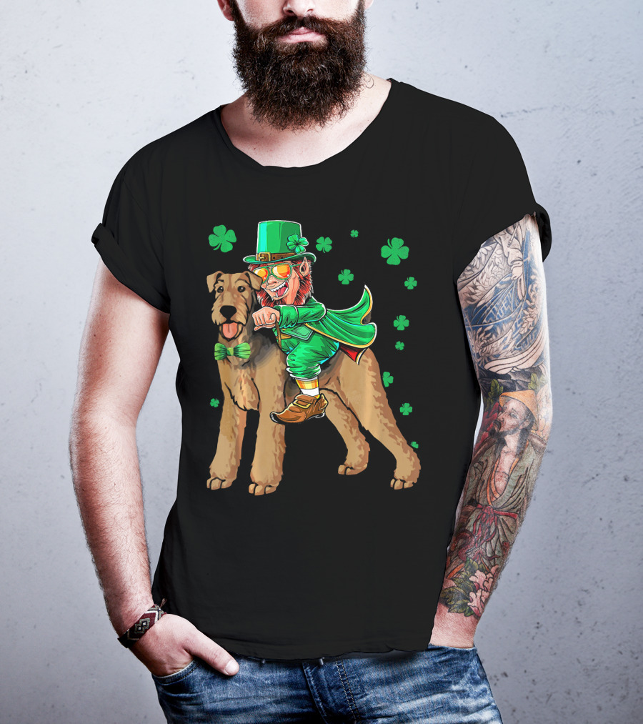 Leprechaun Riding Airedale Terrier With Shamrocks T-Shirt