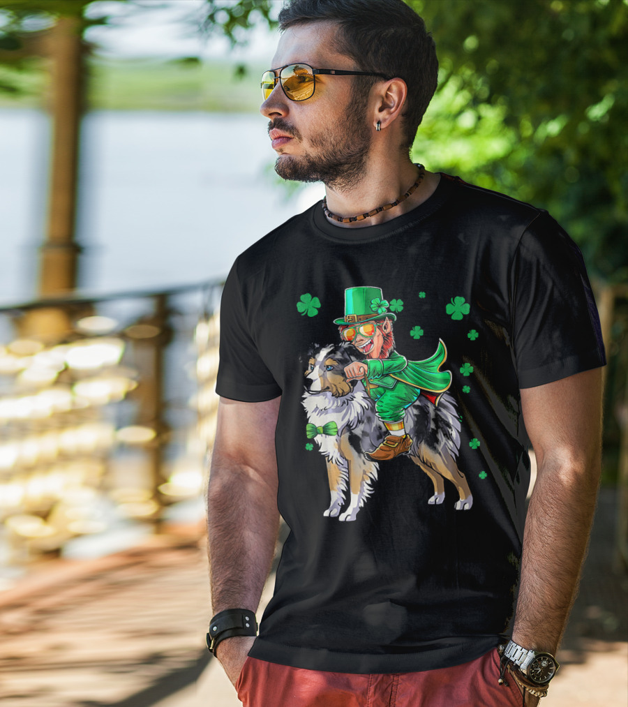 Leprechaun Riding Miniature Australian Shepherd With Shamrocks T-Shirt