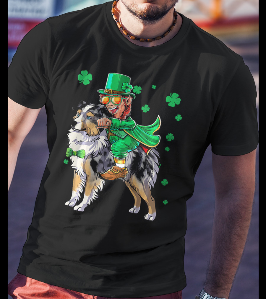 Leprechaun Riding Miniature Australian Shepherd With Shamrocks T-Shirt