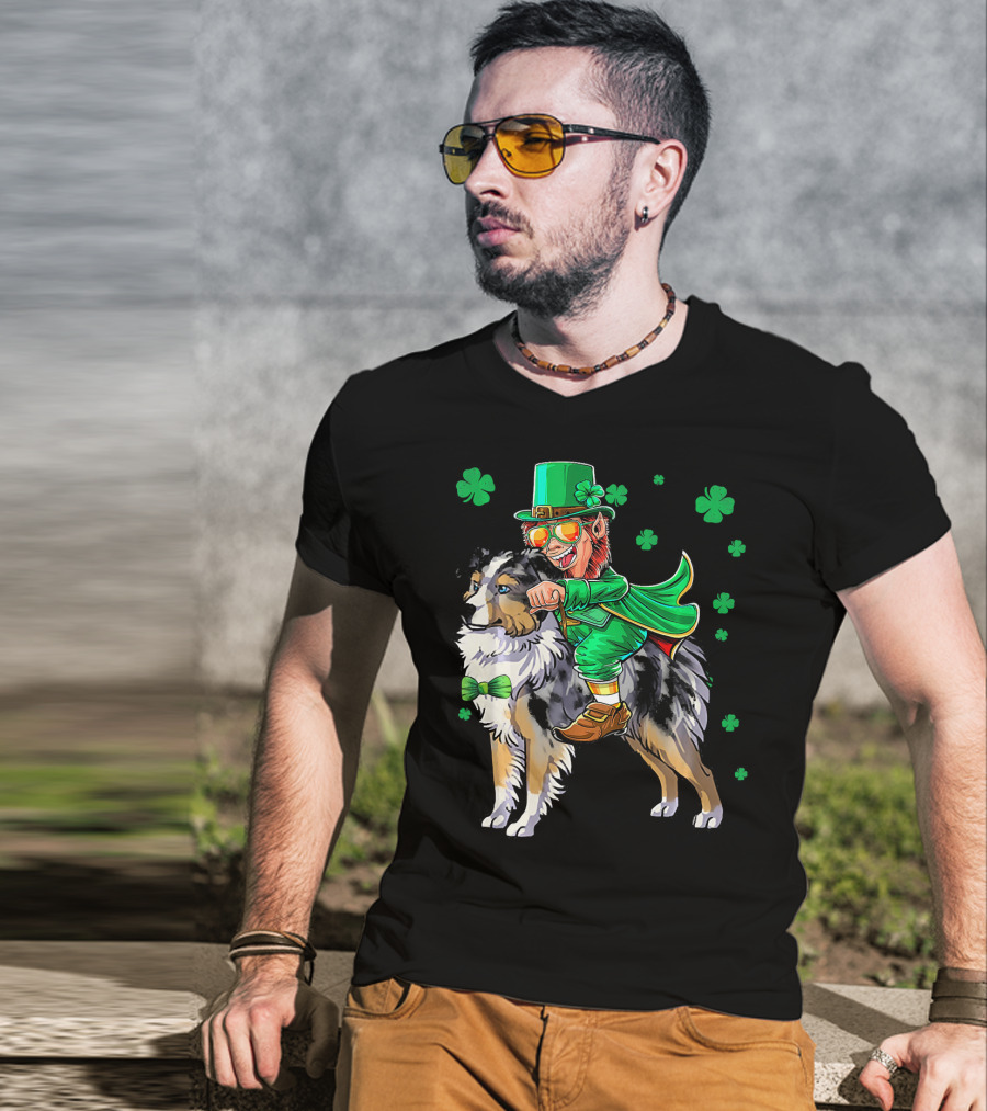 Leprechaun Riding Miniature Australian Shepherd With Shamrocks T-Shirt