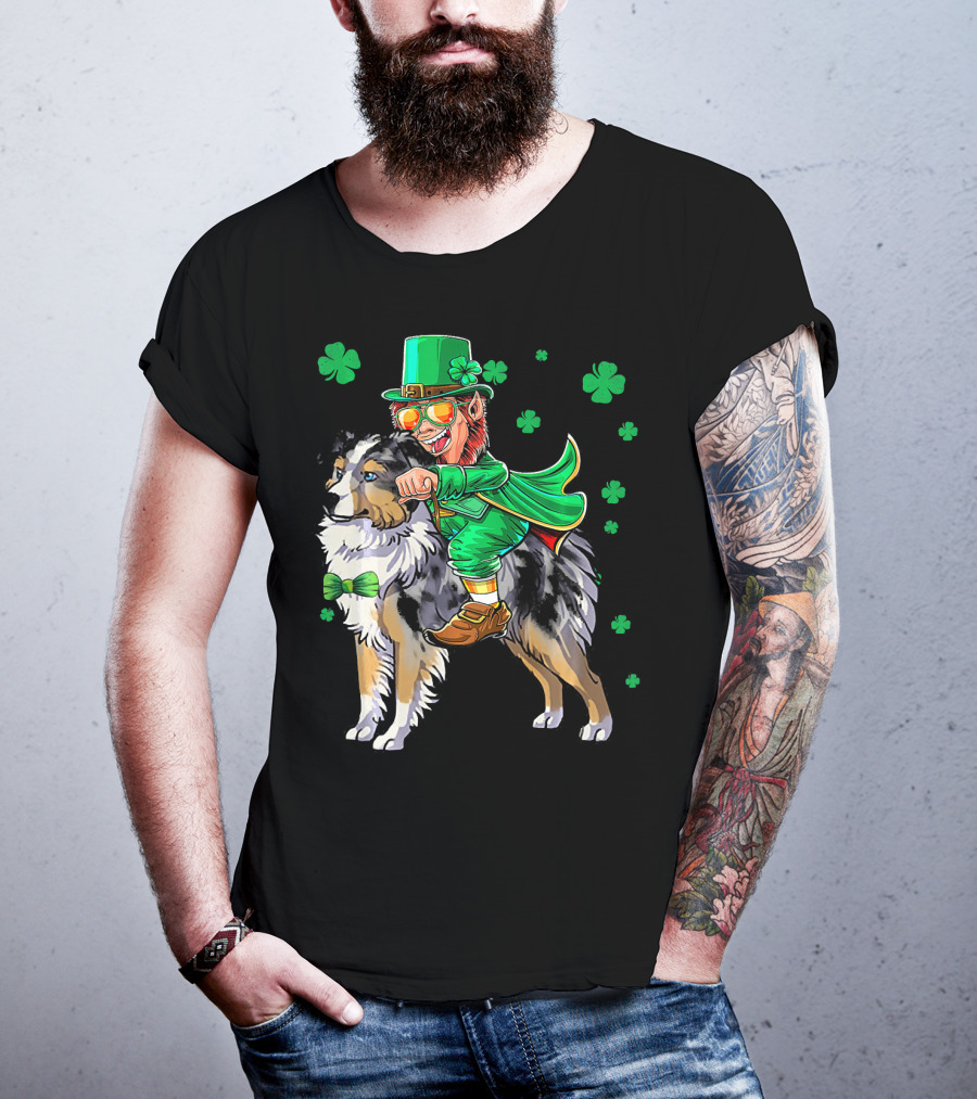 Leprechaun Riding Miniature Australian Shepherd With Shamrocks T-Shirt