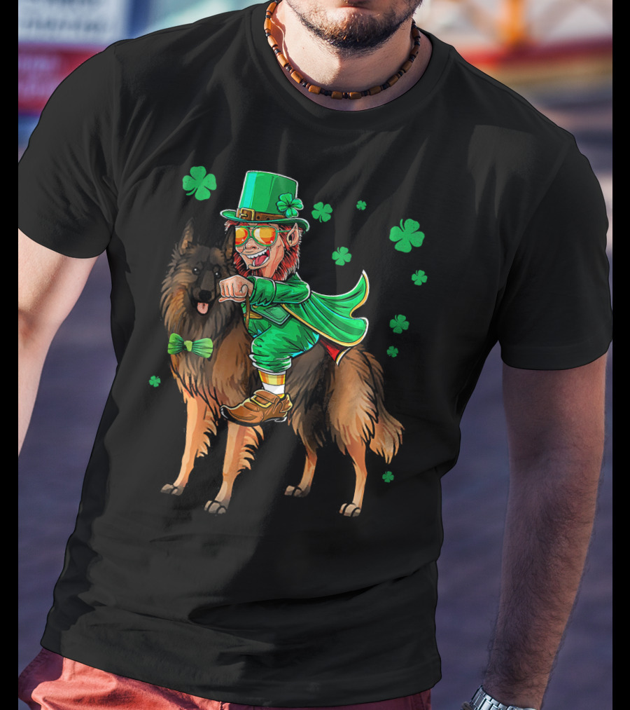 Leprechaun Riding Belgian Tervuren With Shamrock Accents T-Shirt