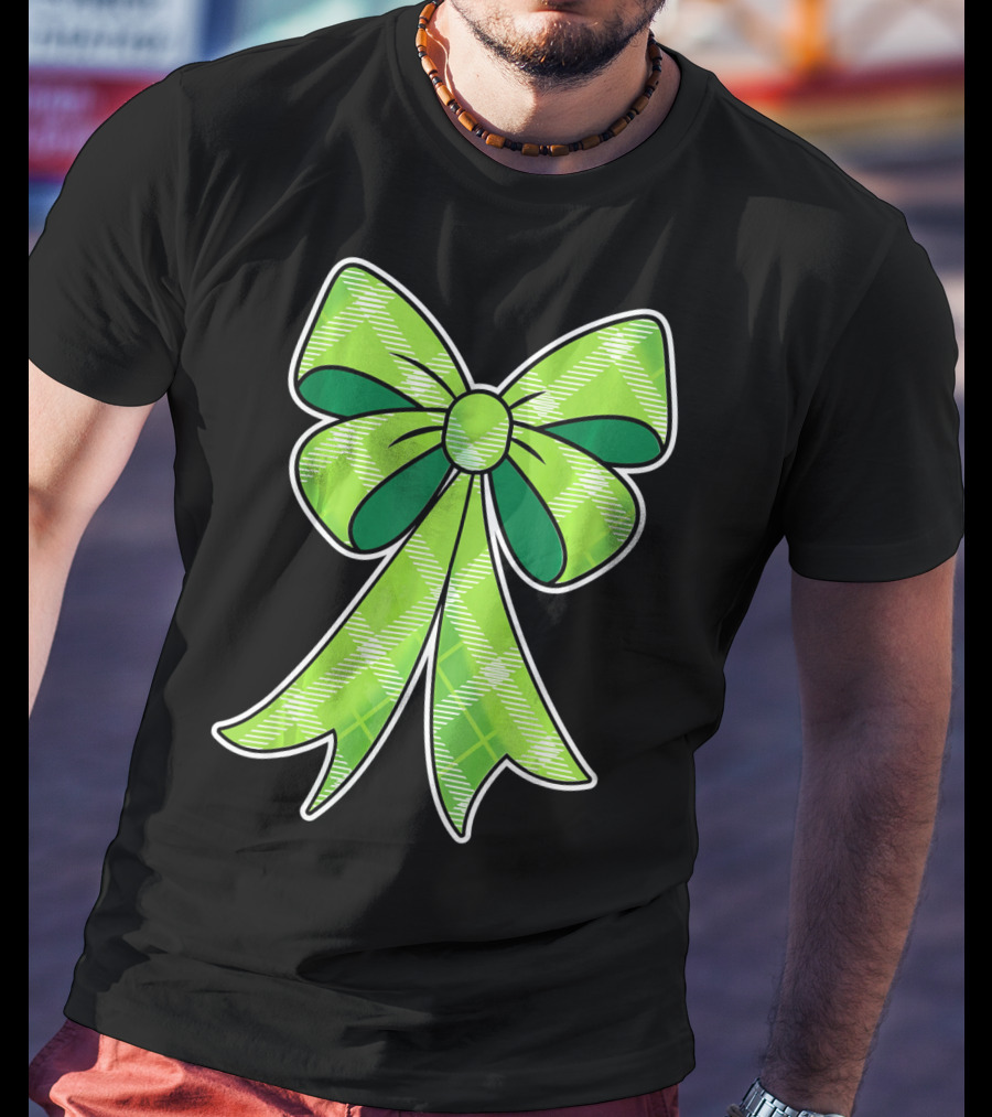 Girls St Patricks Day Green Plaid Bow T-Shirt