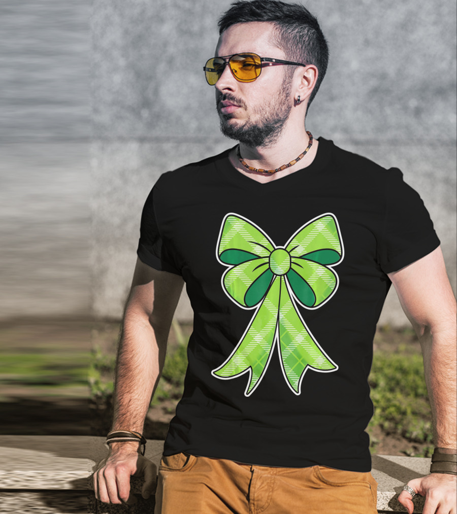 Girls St Patricks Day Green Plaid Bow T-Shirt