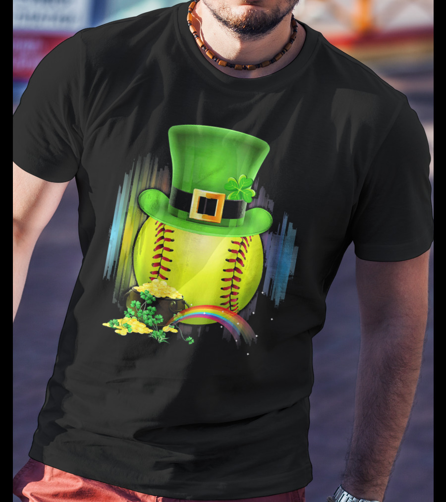 Leprechaun Softball St. Patrick's Day Coin Rainbow T-Shirt