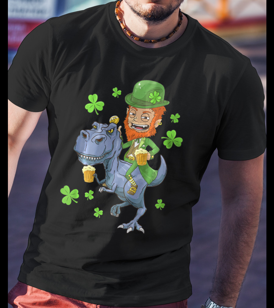Leprechaun Irish Riding T-Rex Dinosaur With Shamrocks And Beer T-Shirt