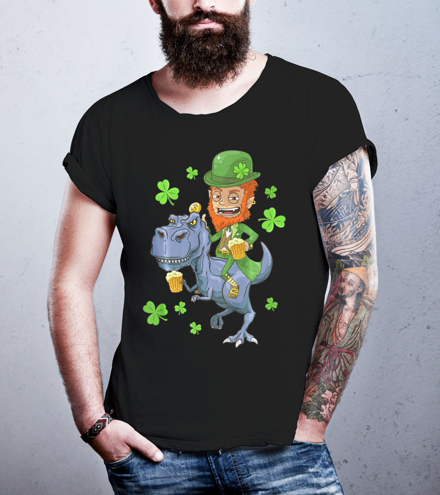 Leprechaun Irish Riding T-Rex Dinosaur With Shamrocks And Beer T-Shirt