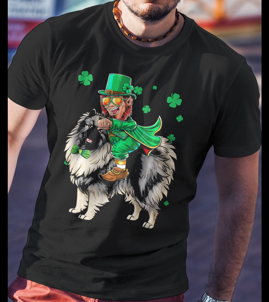Leprechaun Riding Keeshond With Shamrocks For St. Patrick's Day T-Shirt