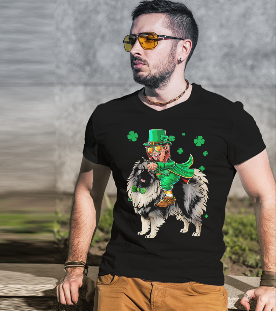Leprechaun Riding Keeshond With Shamrocks For St. Patrick's Day T-Shirt