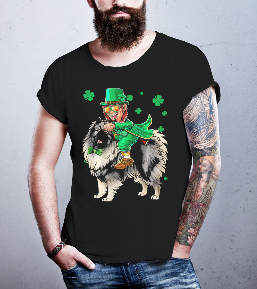 Leprechaun Riding Keeshond With Shamrocks For St. Patrick's Day T-Shirt