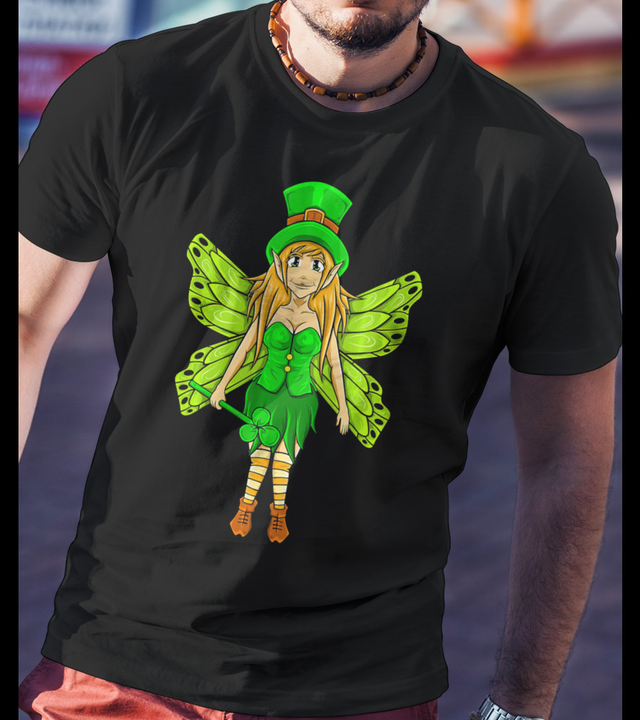 Funny St Patricks Day Leprechaun Fairy Girl With Green Wings And Clover Staff T-Shirt