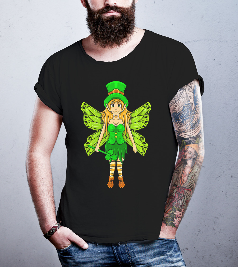 Funny St Patricks Day Leprechaun Fairy Girl With Green Wings And Clover Staff T-Shirt