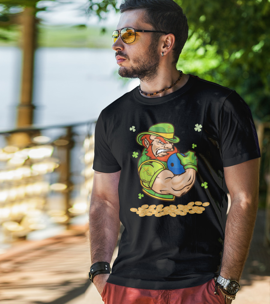 Leprechaun Playing Bowling Around Shamrock Coins And Clover T-Shirt