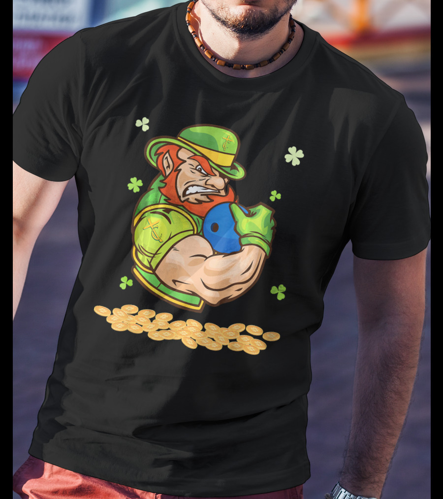 Leprechaun Playing Bowling Around Shamrock Coins And Clover T-Shirt