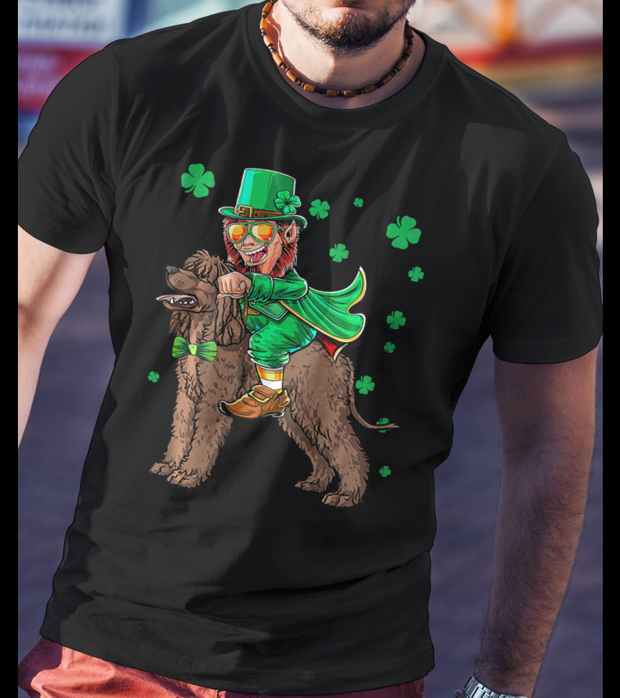 Leprechaun Riding Irish Water Spaniel With Shamrocks T-Shirt