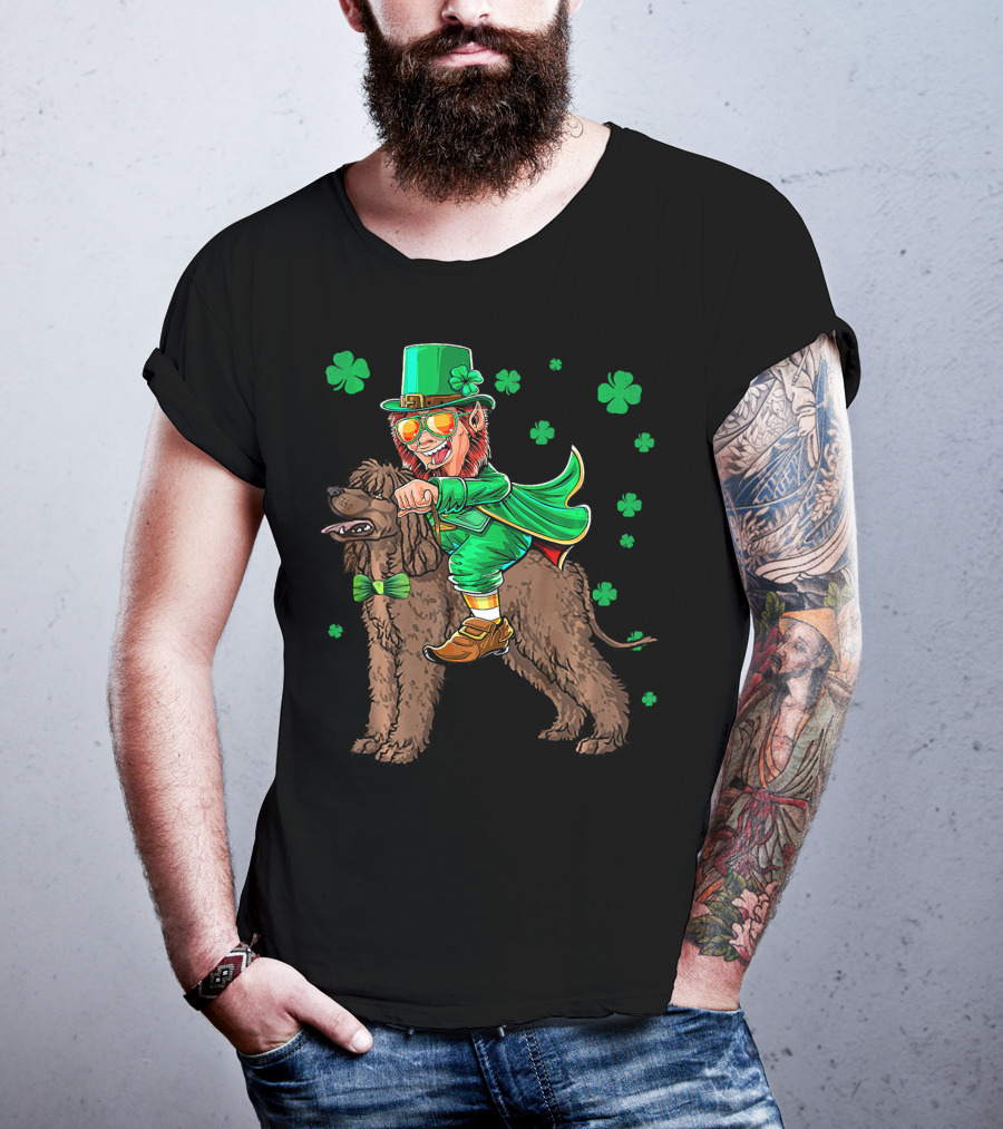 Leprechaun Riding Irish Water Spaniel With Shamrocks T-Shirt