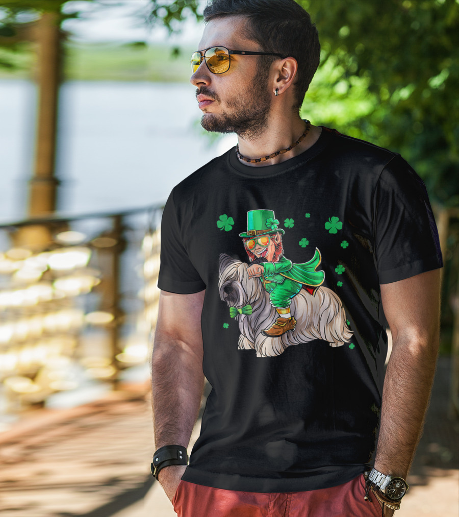Leprechaun Riding Skye Terrier Shamrocks St. Patrick's Day T-Shirt