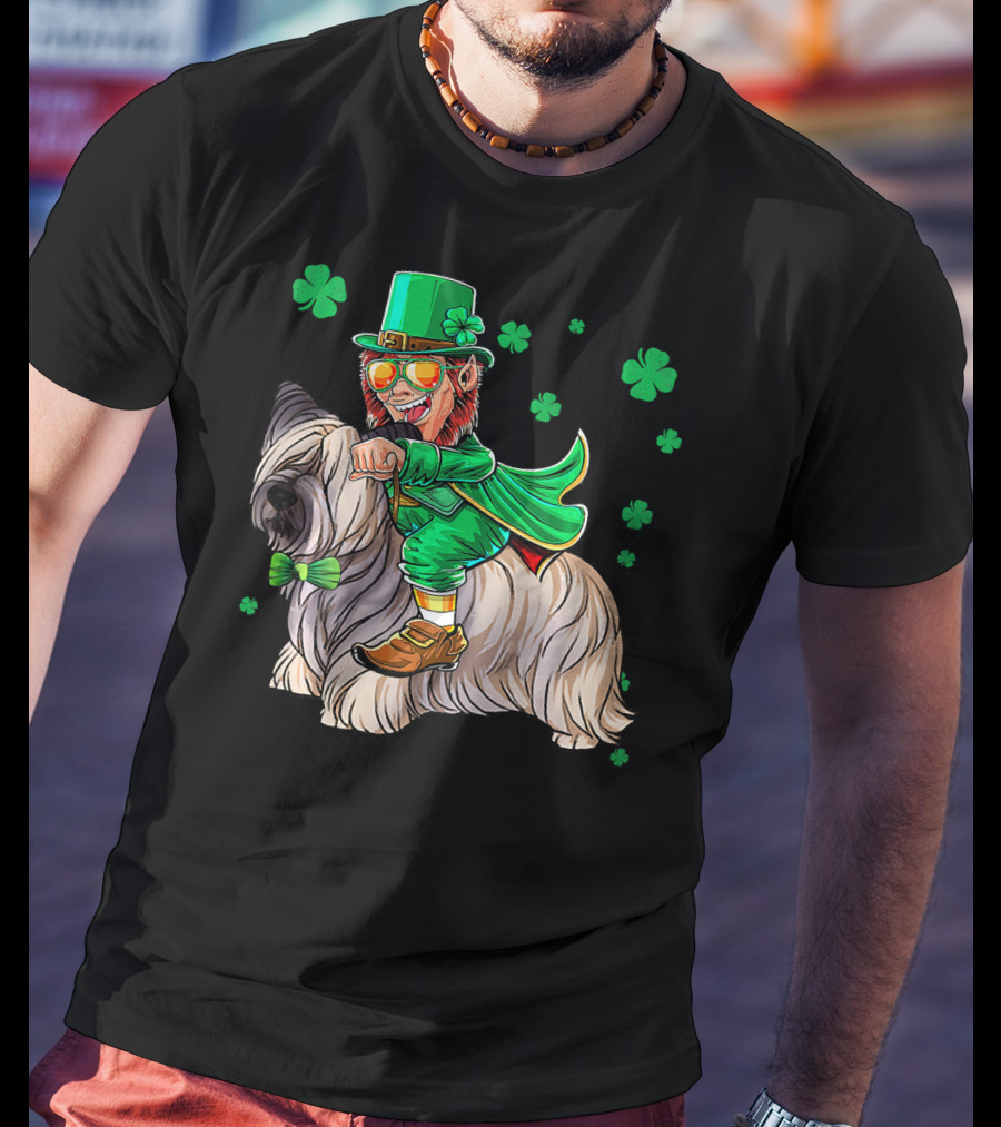 Leprechaun Riding Skye Terrier Shamrocks St. Patrick's Day T-Shirt
