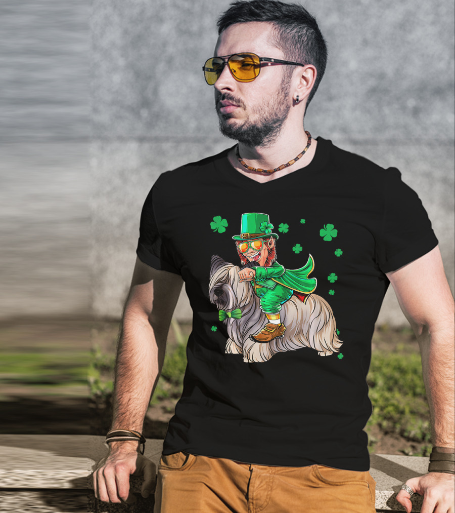 Leprechaun Riding Skye Terrier Shamrocks St. Patrick's Day T-Shirt