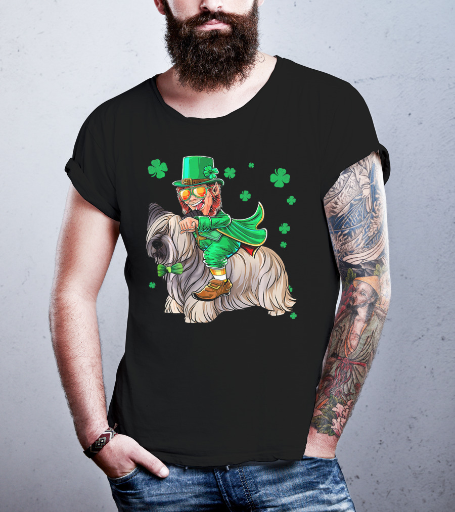 Leprechaun Riding Skye Terrier Shamrocks St. Patrick's Day T-Shirt