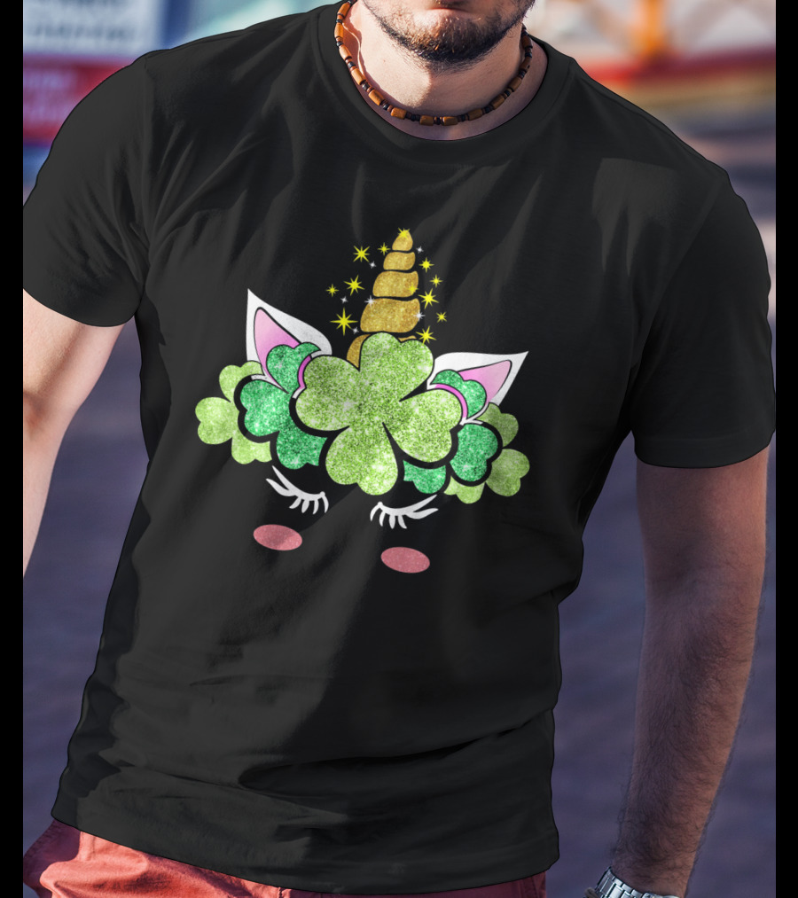 St Patricks Day Unicorn Clover Horn Sparkles T-Shirt