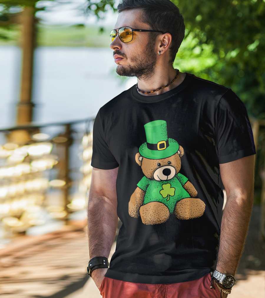 St. Patrick's Day Irish Teddy Bear With Leprechaun Hat And Clover T-Shirt