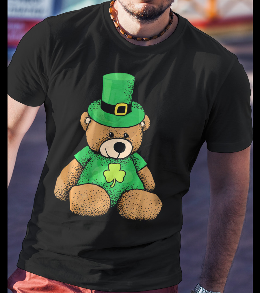 St. Patrick's Day Irish Teddy Bear With Leprechaun Hat And Clover T-Shirt