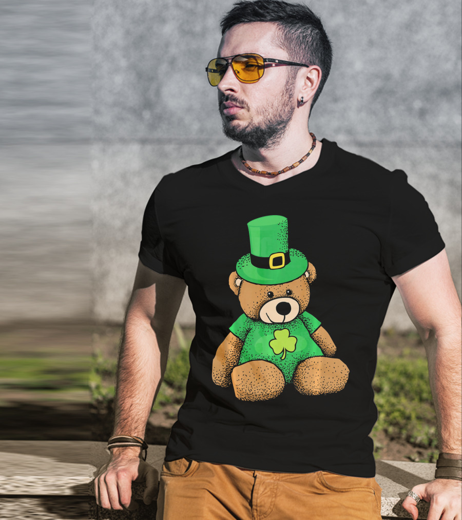 St. Patrick's Day Irish Teddy Bear With Leprechaun Hat And Clover T-Shirt