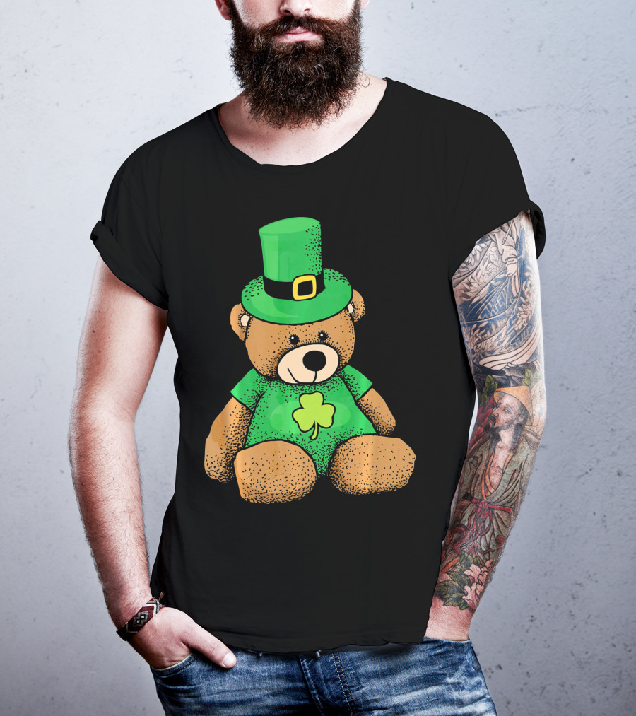 St. Patrick's Day Irish Teddy Bear With Leprechaun Hat And Clover T-Shirt