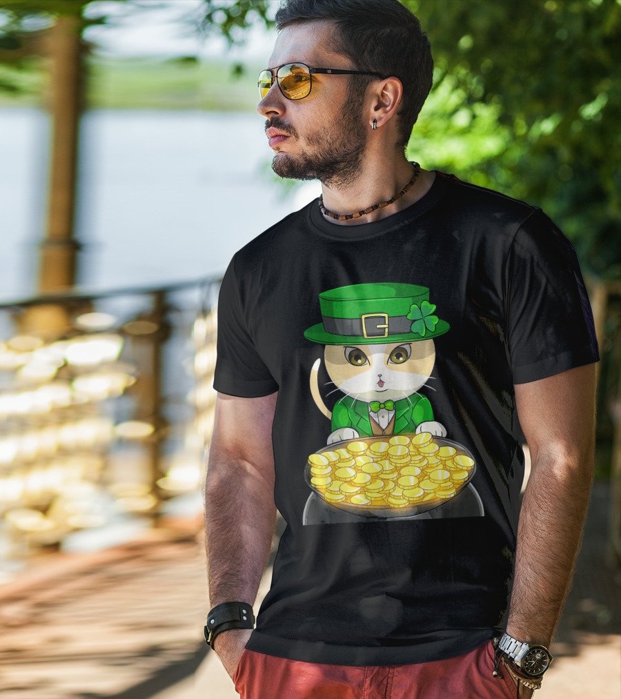 Exotic Cat Leprechaun With Pot Of Gold Funny Cat Lover T-Shirt