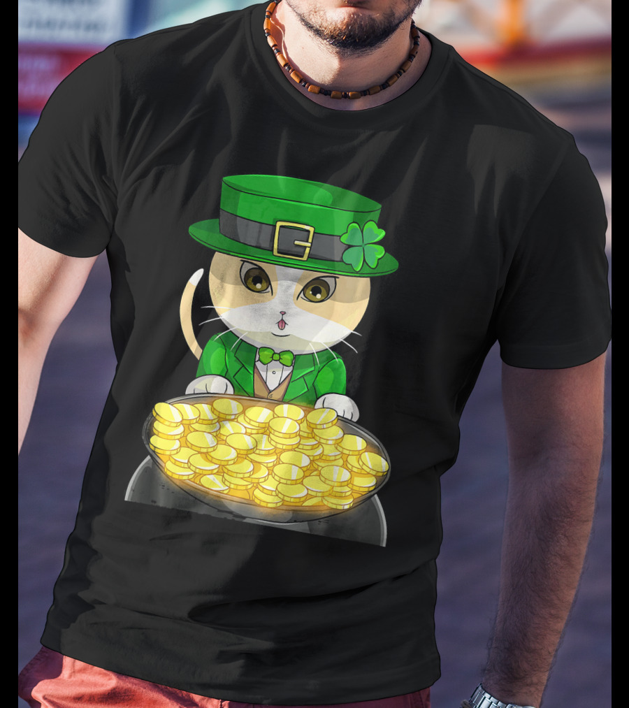 Exotic Cat Leprechaun With Pot Of Gold Funny Cat Lover T-Shirt