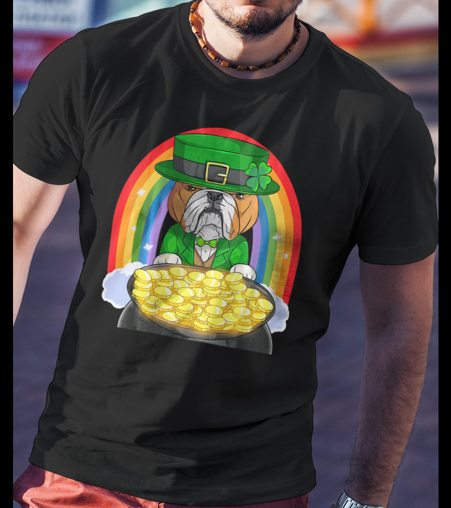 English Bulldog St Patricks Day Leprechaun Pot Of Gold Rainbow T-Shirt
