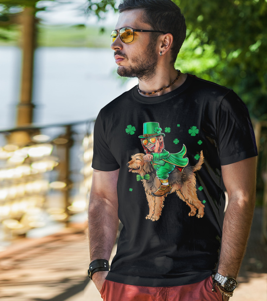 Leprechaun Riding Otterhound With Shamrocks St. Patri St. Patrick's Day T-Shirt