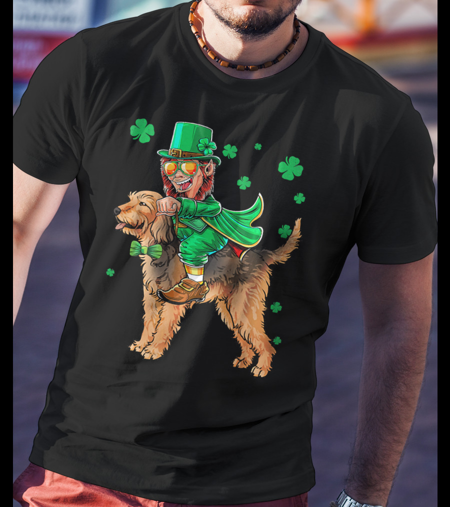 Leprechaun Riding Otterhound With Shamrocks St. Patri St. Patrick's Day T-Shirt
