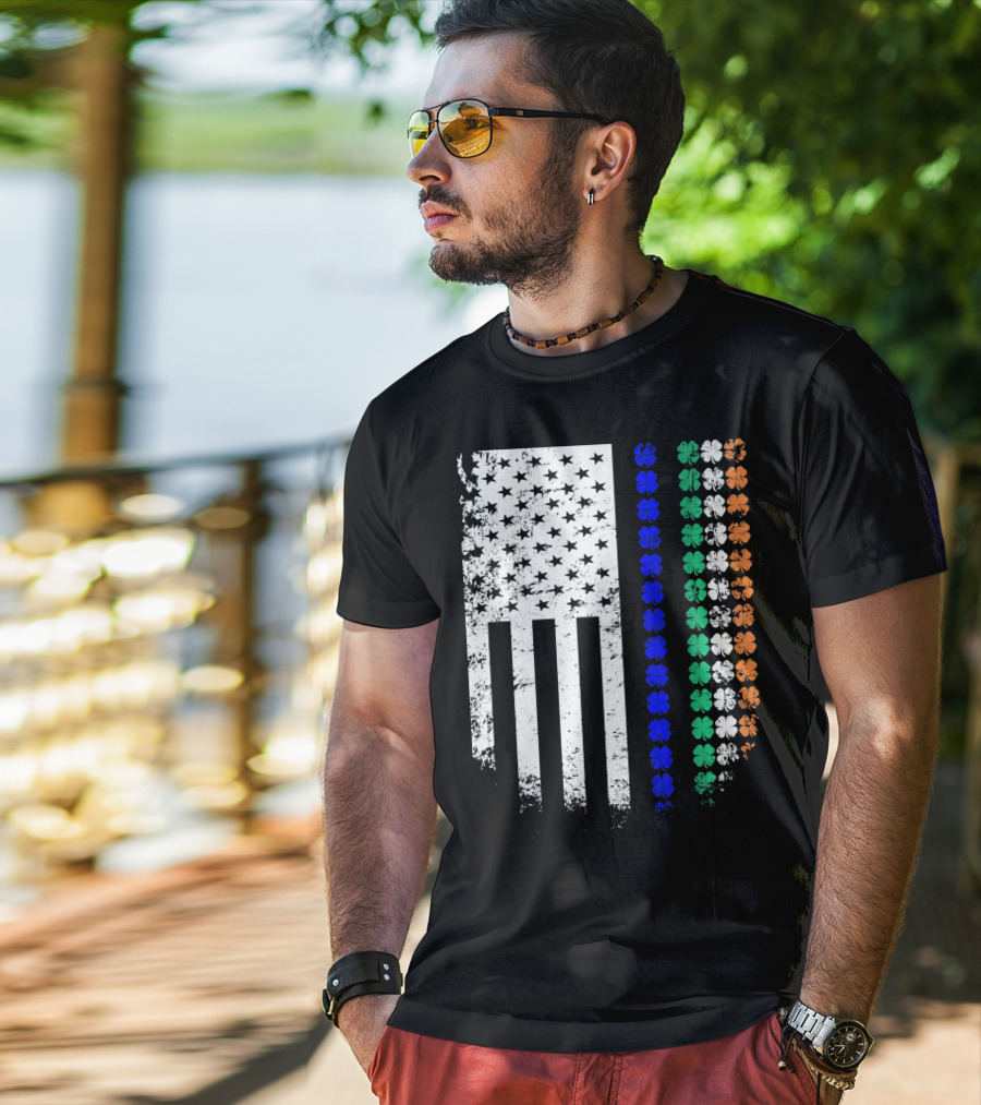 American Flag Irish Police Officer Shamrock Line T-Shirt